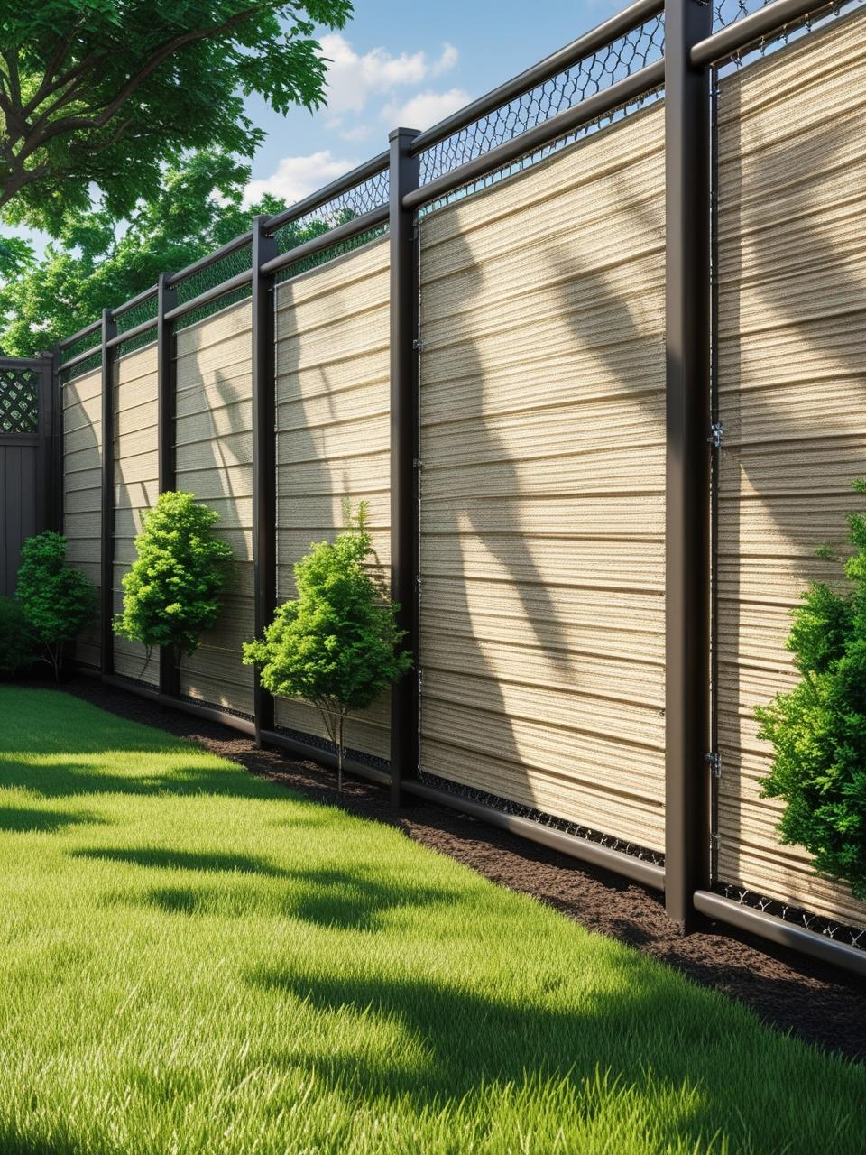 Chain link fence with vinyl slats in a backyard for low maintenance backyard fencing ideas with added privacy.