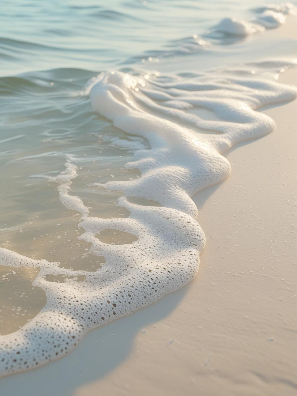 Close-up of gentle seafoam touching smooth sand, captured for peaceful summer phone wallpapers.