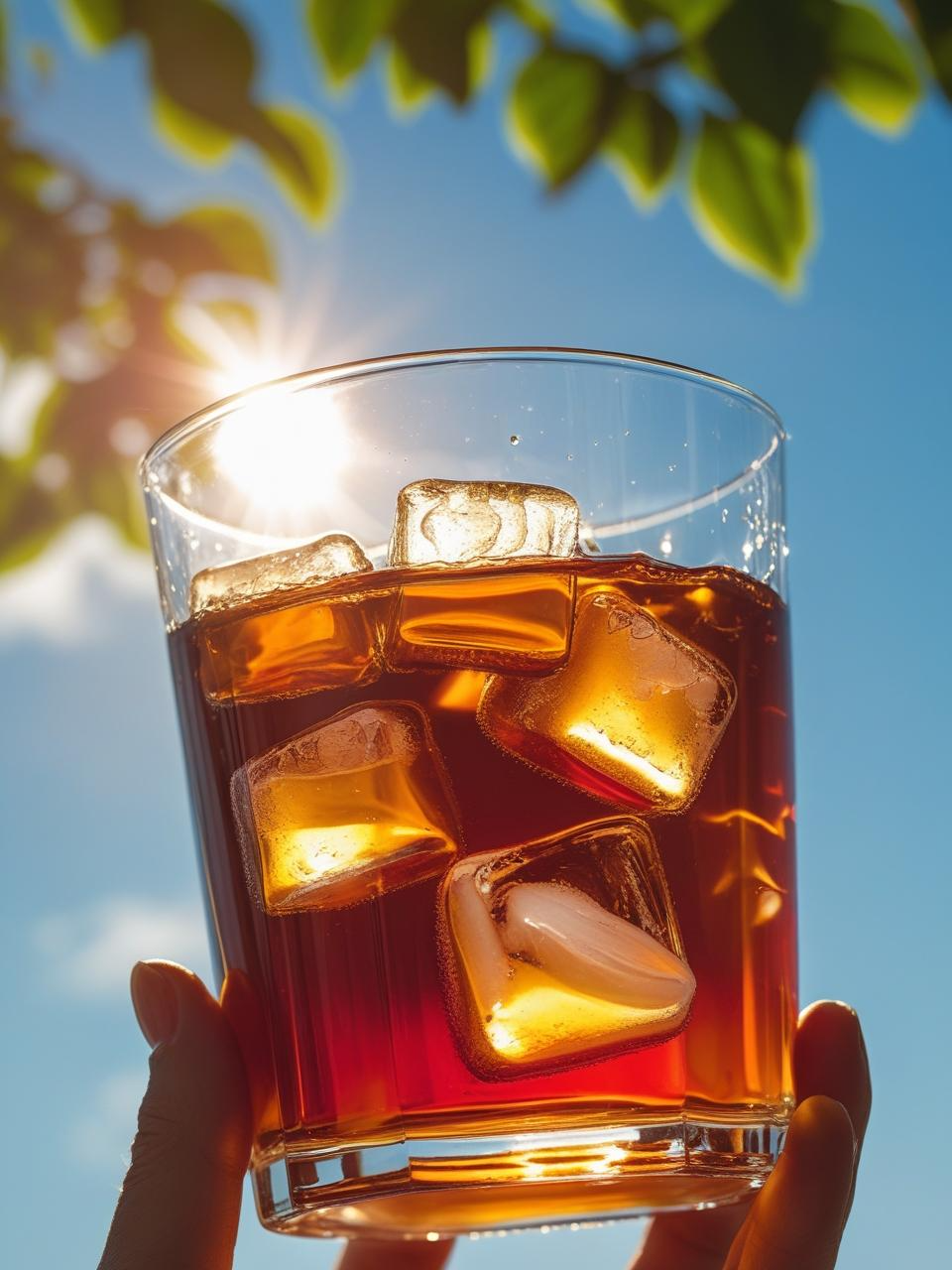 Close-up of sunlight glowing through iced tea in a glass, perfect for warm summer phone wallpaper vibes.