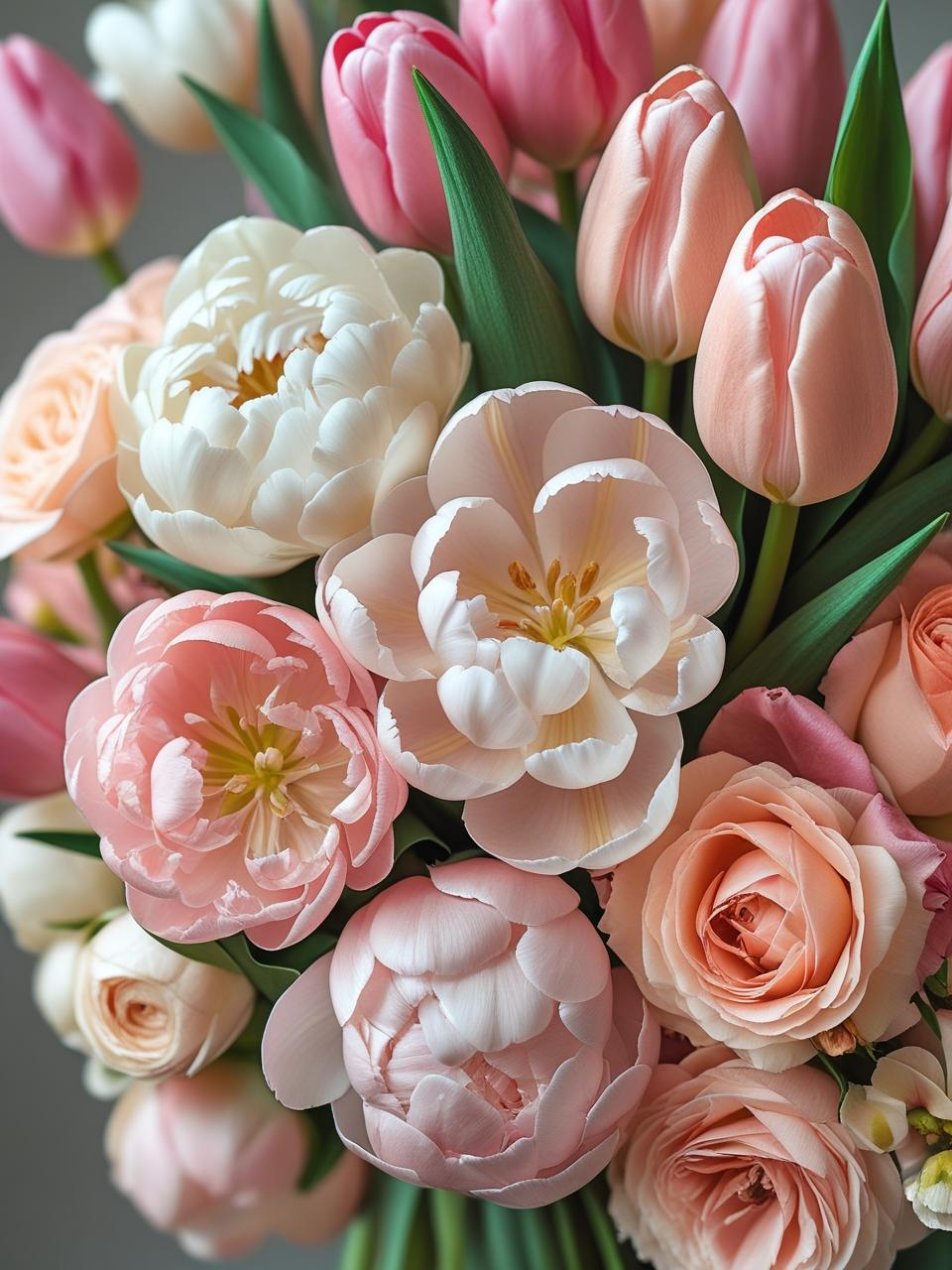 Close-up petals of spring flowers like peonies and tulips in soft pastel tones, creating a lush and immersive wallpaper.