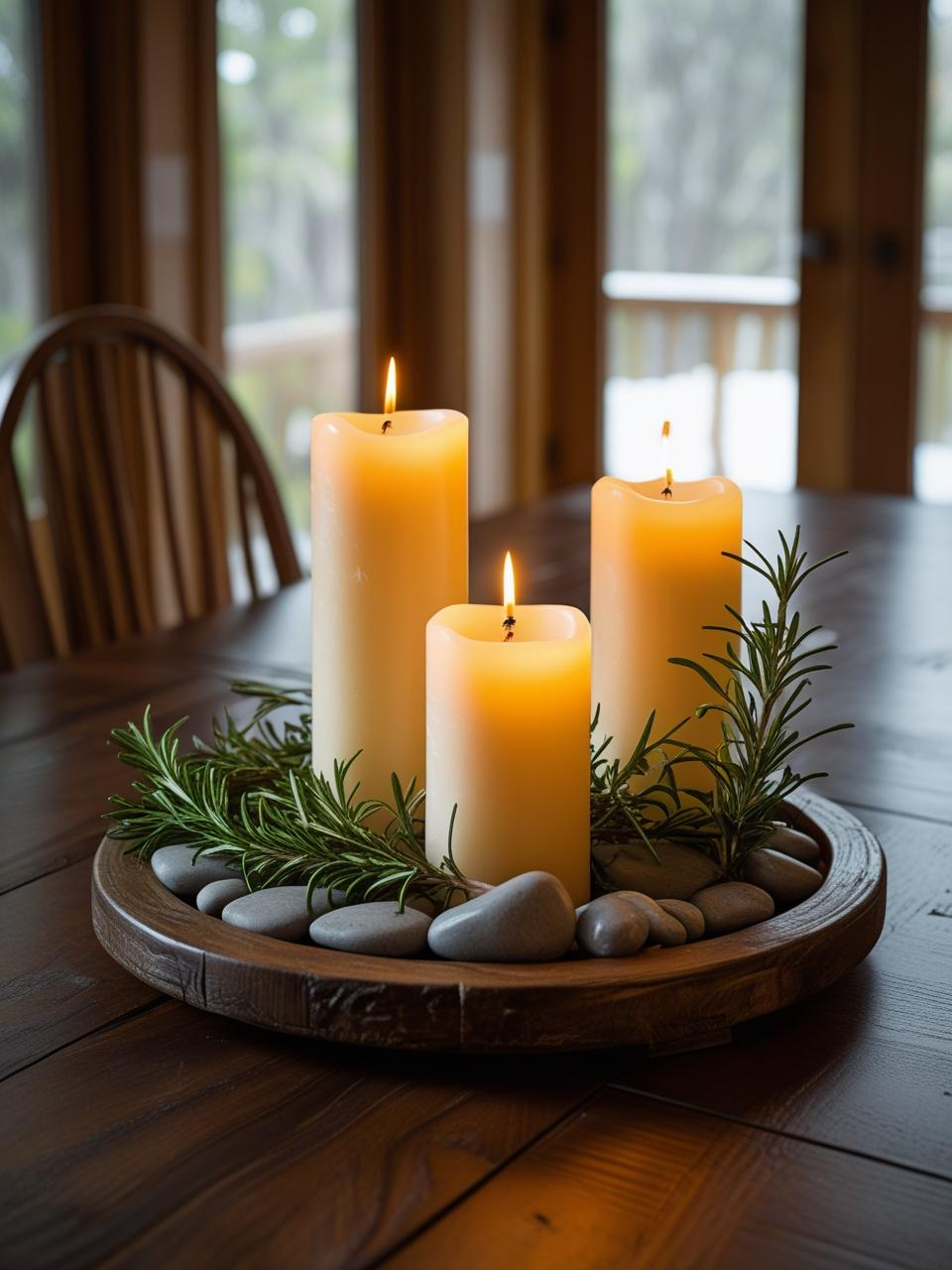 Clustered pillar candles on a tray centerpiece with greenery on a dining room table – Dining Room Table Centerpiece Ideas.