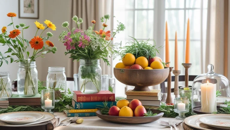 Colorful dining room table with multiple styled centerpieces including flowers, fruit, candles, and greenery – Dining Room Table Centerpiece Ideas.