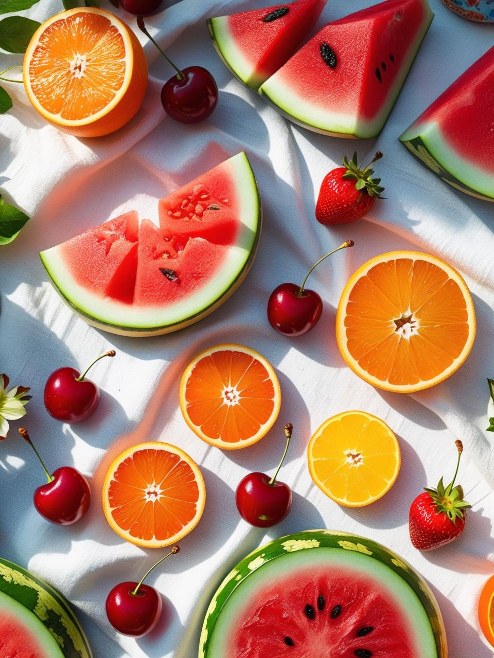 Colorful flat-lay of fresh summer fruits like watermelon and cherries, ideal for vibrant summer phone wallpapers.