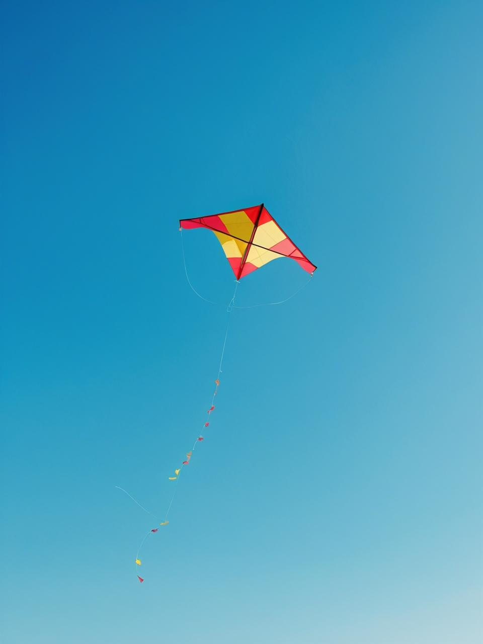 Colorful kite flying in a clear blue sky, minimal summer phone wallpapers