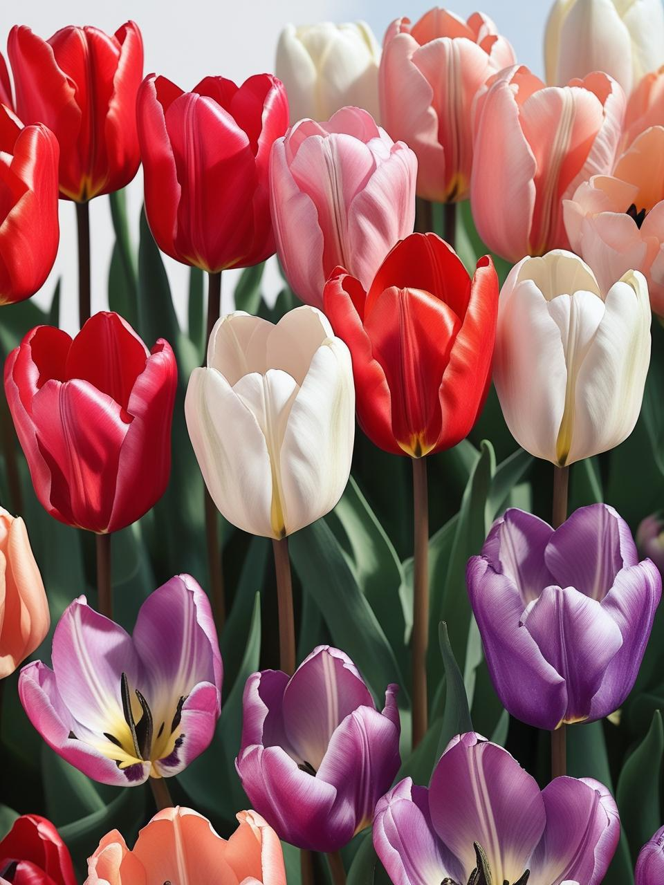 Colorful tulip spring wallpaper with various tulip shapes in red, pink, white, and purple.