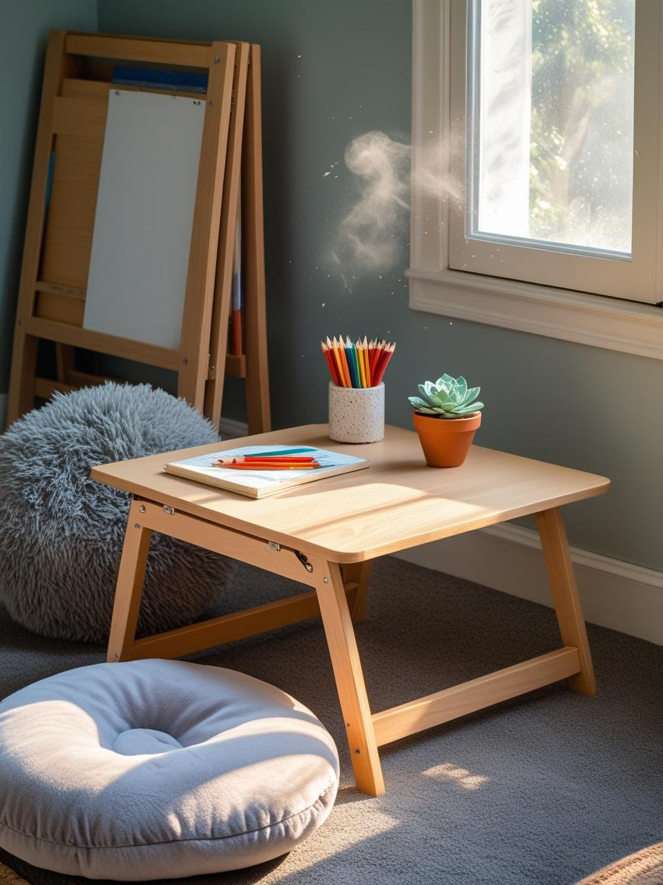 Compact homeschool setup for small spaces with fold-away floor desk and floor pillow in a bright, organized room.