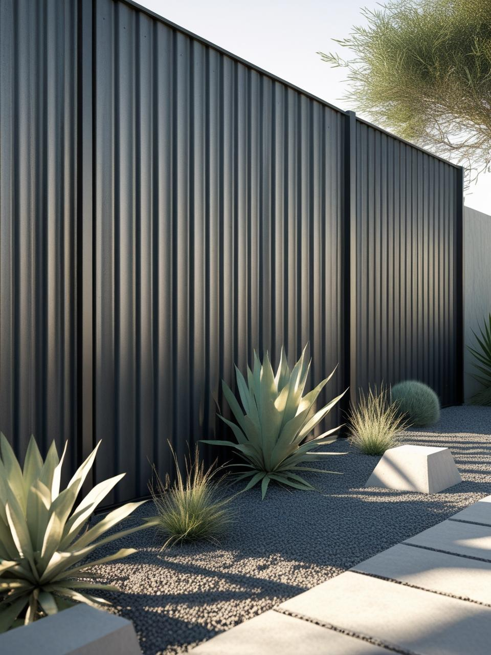 Corrugated metal fence in a modern backyard, shown as part of low maintenance backyard fencing ideas.