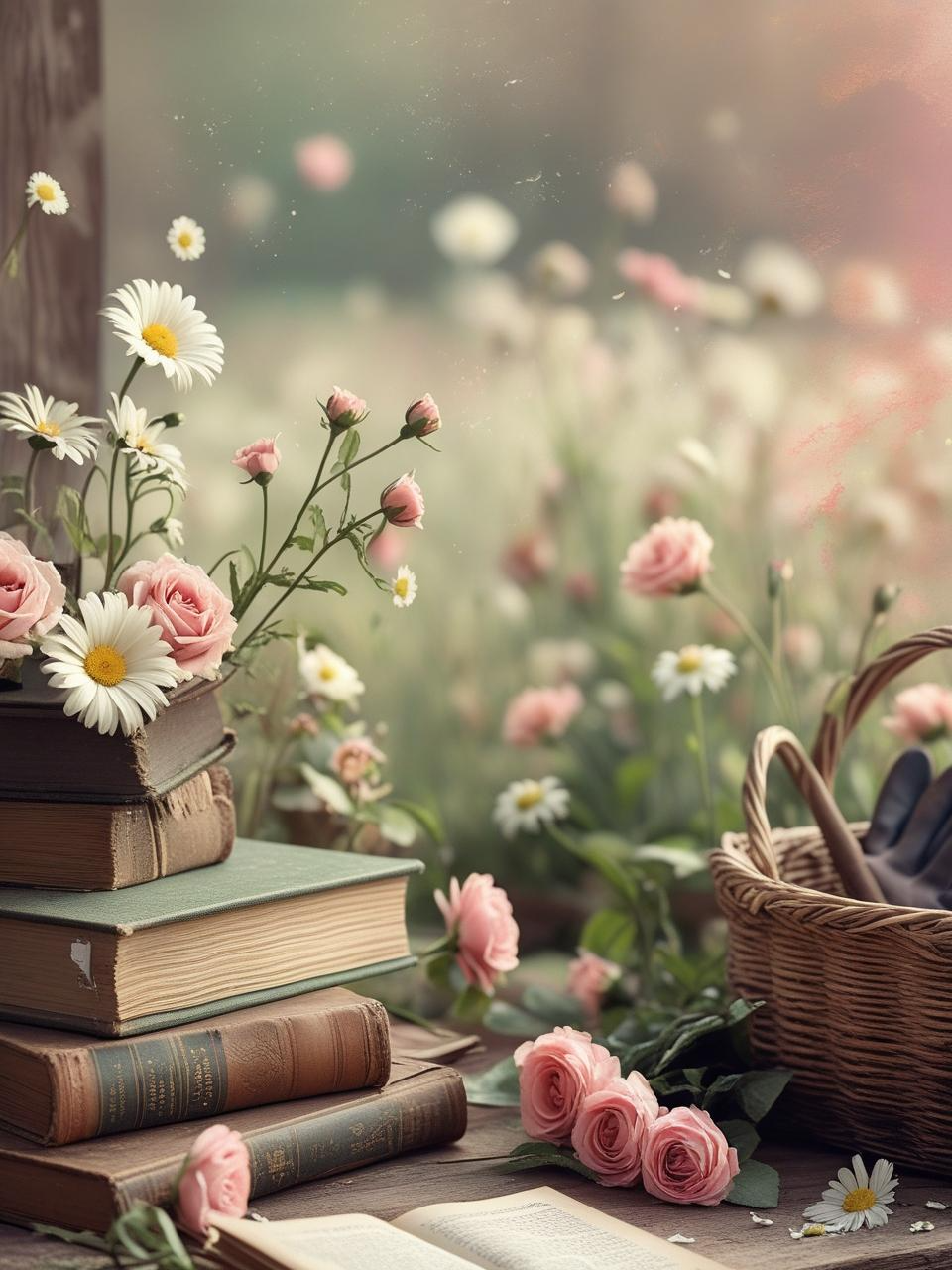 Cozy cottagecore spring wallpaper with soft flowers, garden tools, and vintage textures.