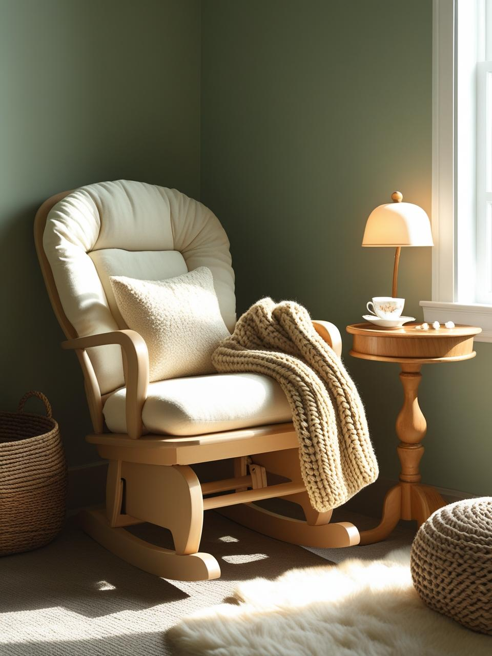 Dreamy sage green nursery with a cozy parent corner, featuring a soft glider, pillow, lamp, and restful design touches.
