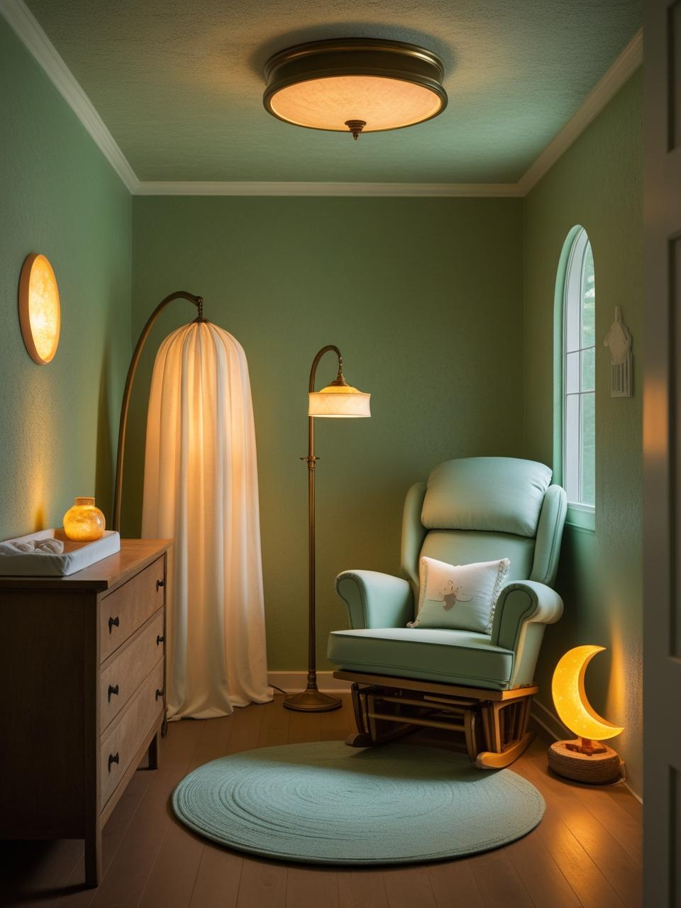 Dreamy sage green nursery with layered lighting from a ceiling light, floor lamp, table lamp, and wall night light for a warm glow.