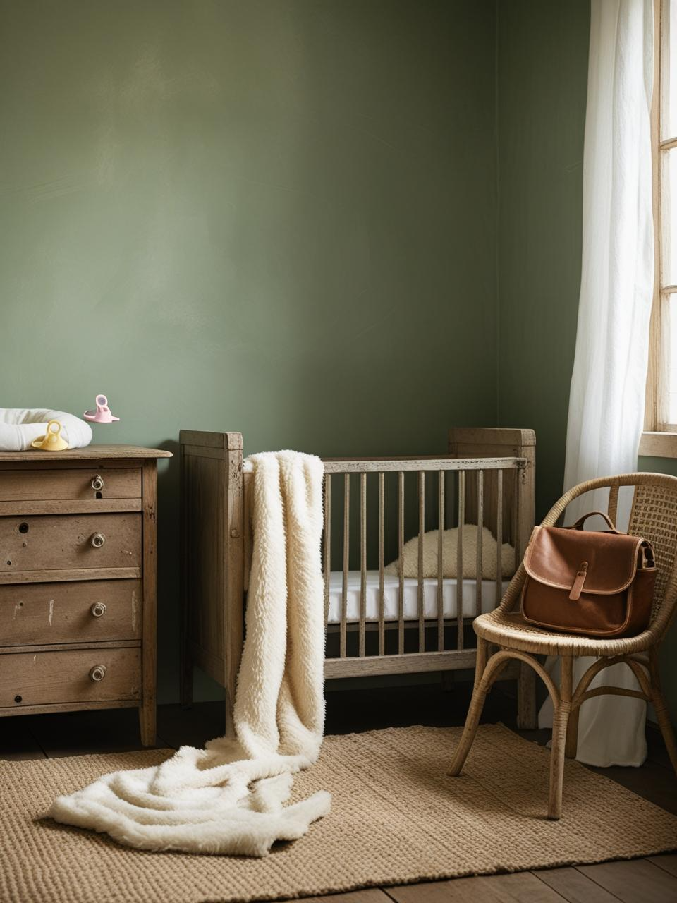 Dreamy sage green nursery with real-life details like a blanket on the crib, pacifiers on the dresser, and a diaper bag on the chair.