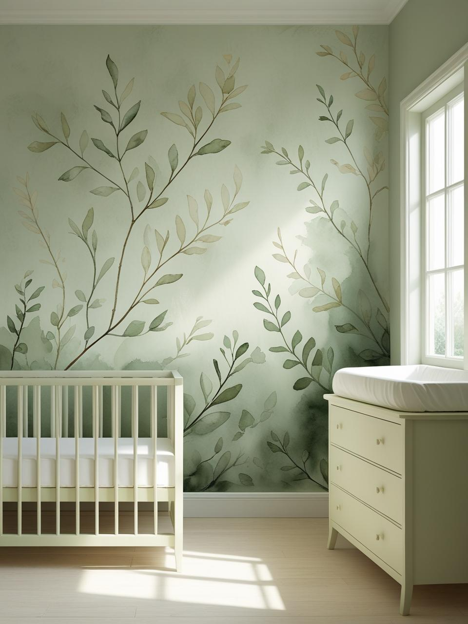 Dreamy sage green nursery with soft hand-painted mural or wall decals, adding subtle charm without clutter.