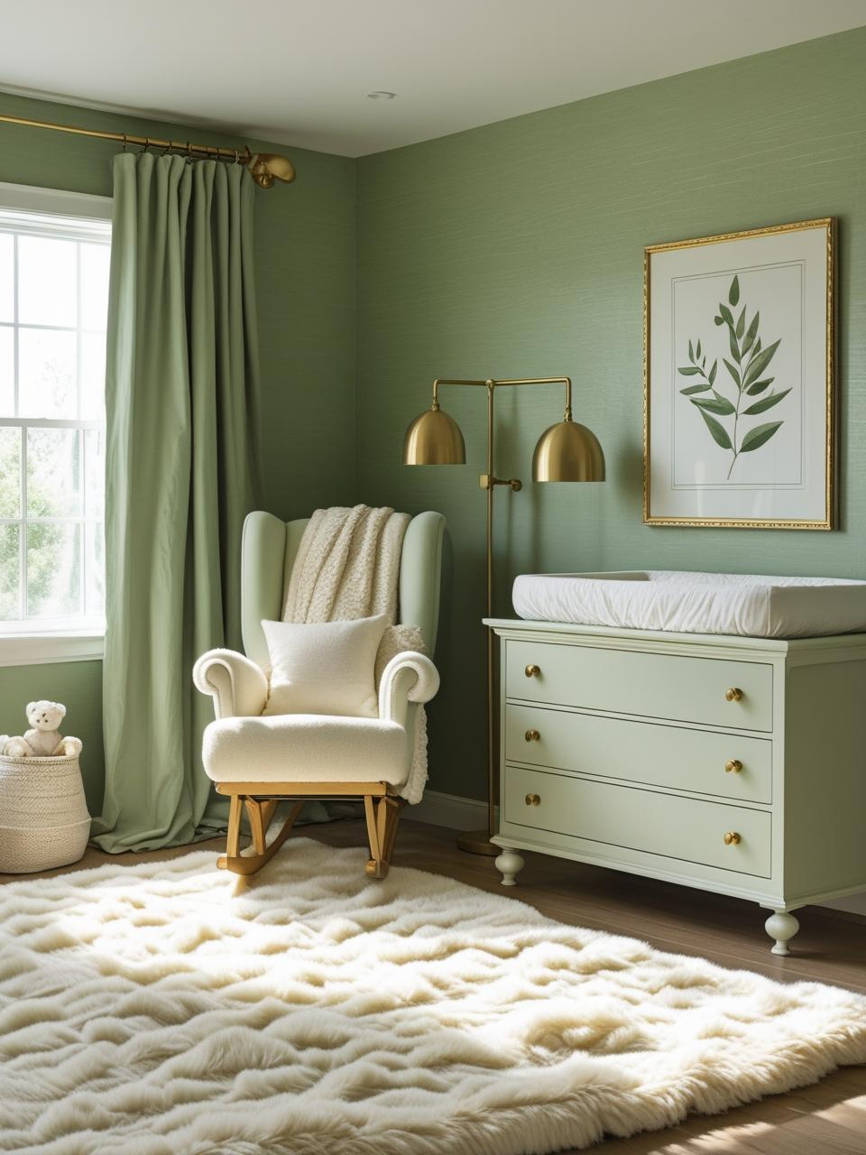 Dreamy sage green nursery with soft gold and brass details, adding warmth and depth to the calm color palette.