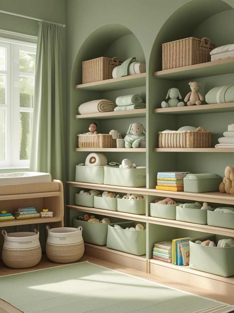 Dreamy sage green nursery with stylish storage like woven baskets, soft bins, and shelves that keep the space peaceful and organized.