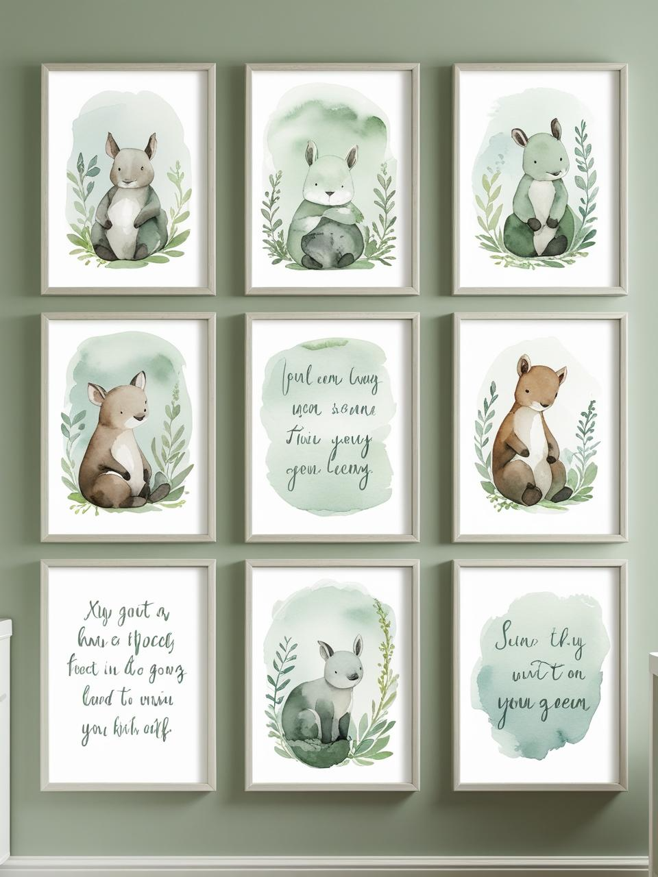 Dreamy sage green nursery with timeless wall art including watercolor animals and soft quote prints that grow with your child.