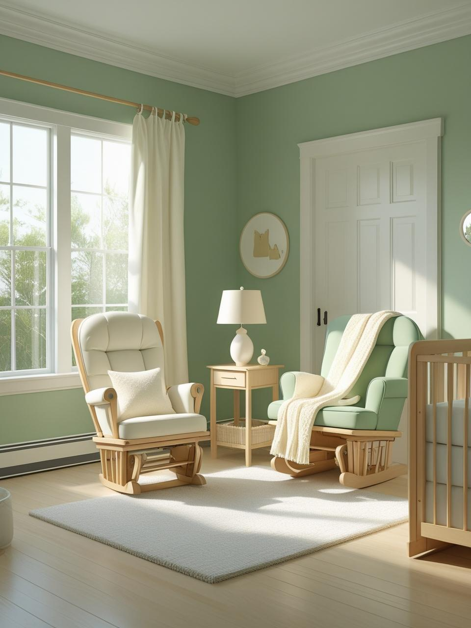 Dreamy sage green nursery with white trim and cream accents, creating soft contrast and a calm, balanced feel.