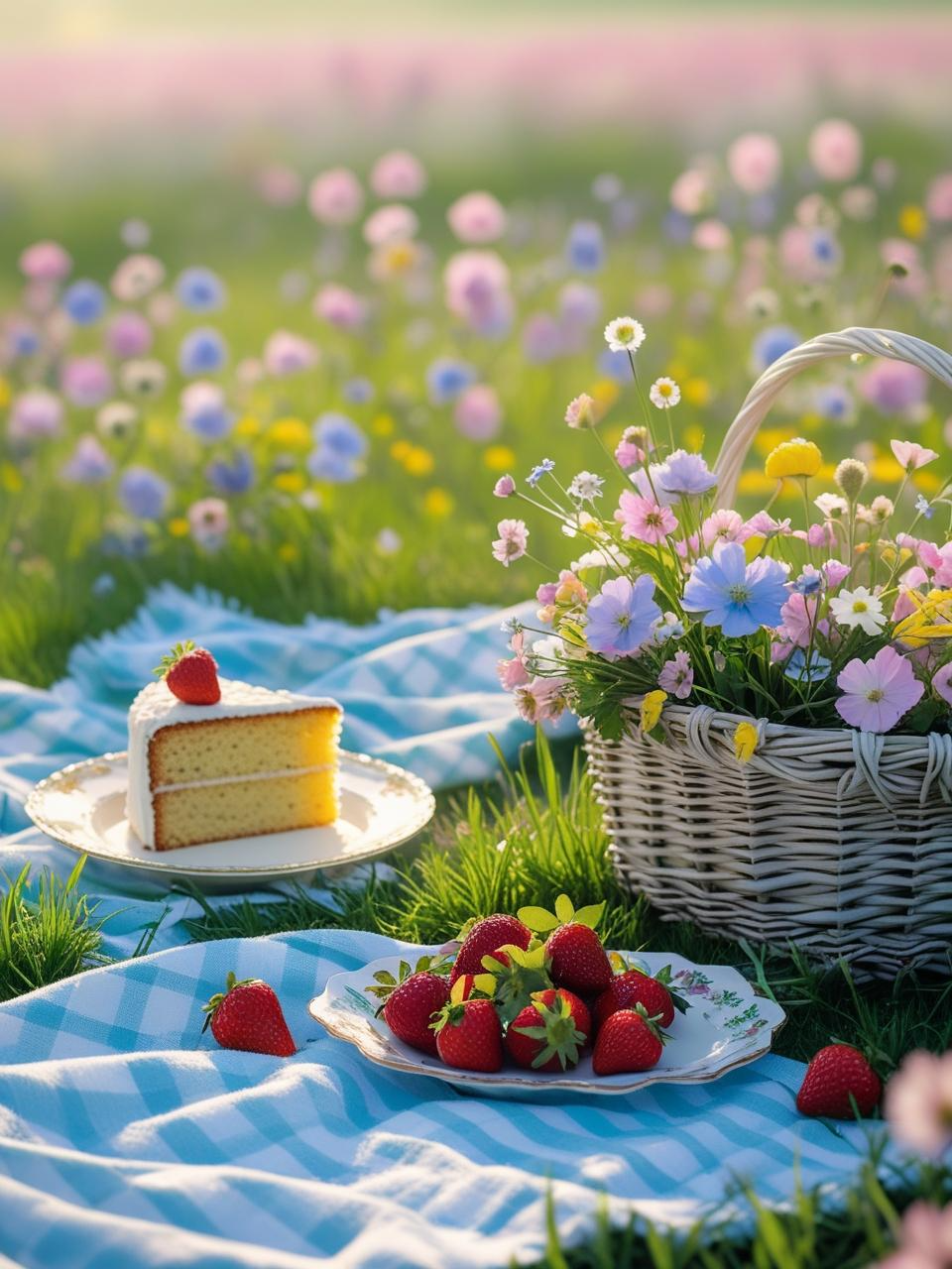 Dreamy spring picnic phone wallpaper with basket, blanket, and soft field background.