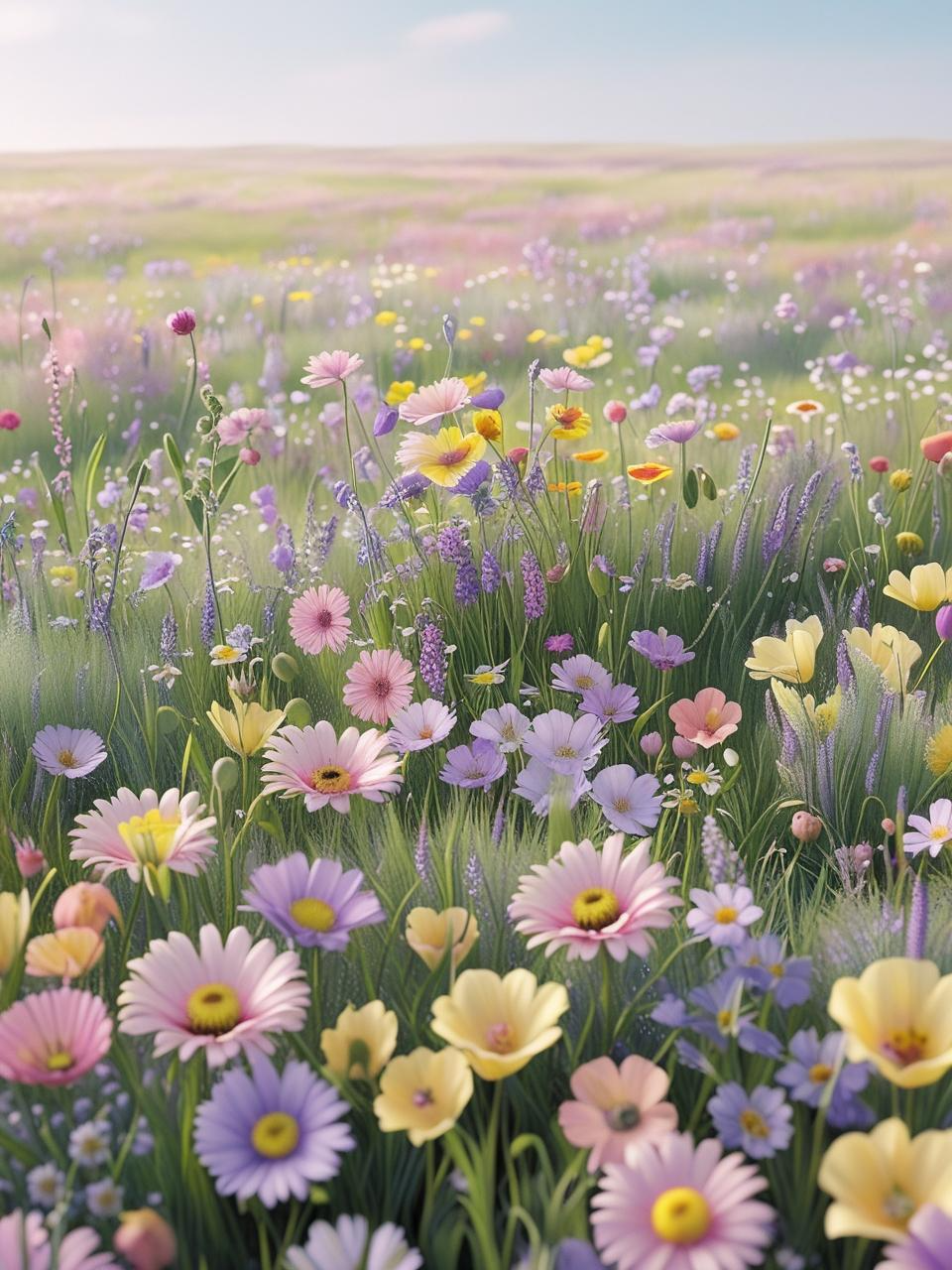 Dreamy spring wallpaper showing a wide open field of wildflowers in soft pastel colors.