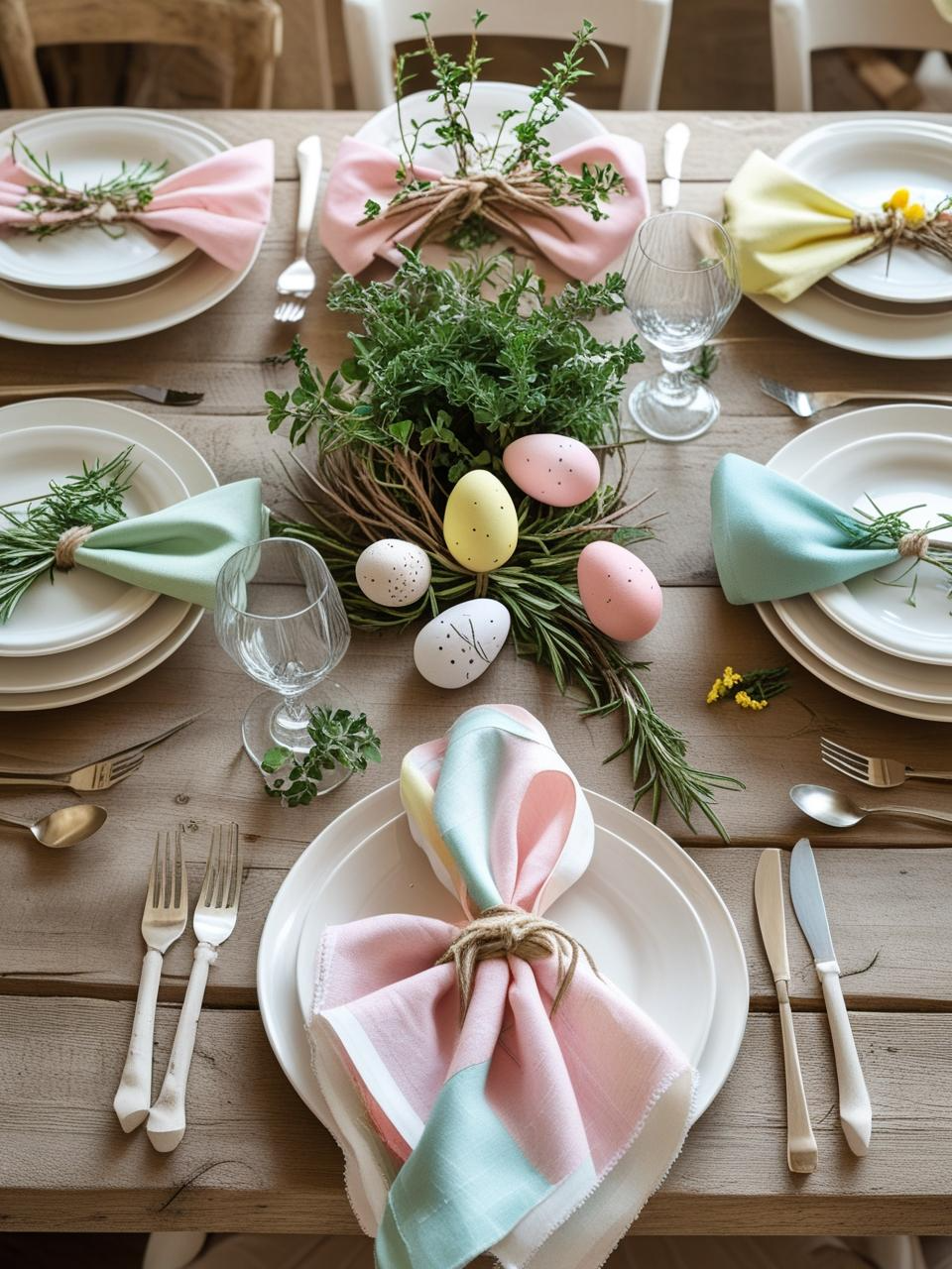 Easter table decor featuring creative DIY napkin folds and rings with herbs, flowers, ribbons, and rustic spring touches.
