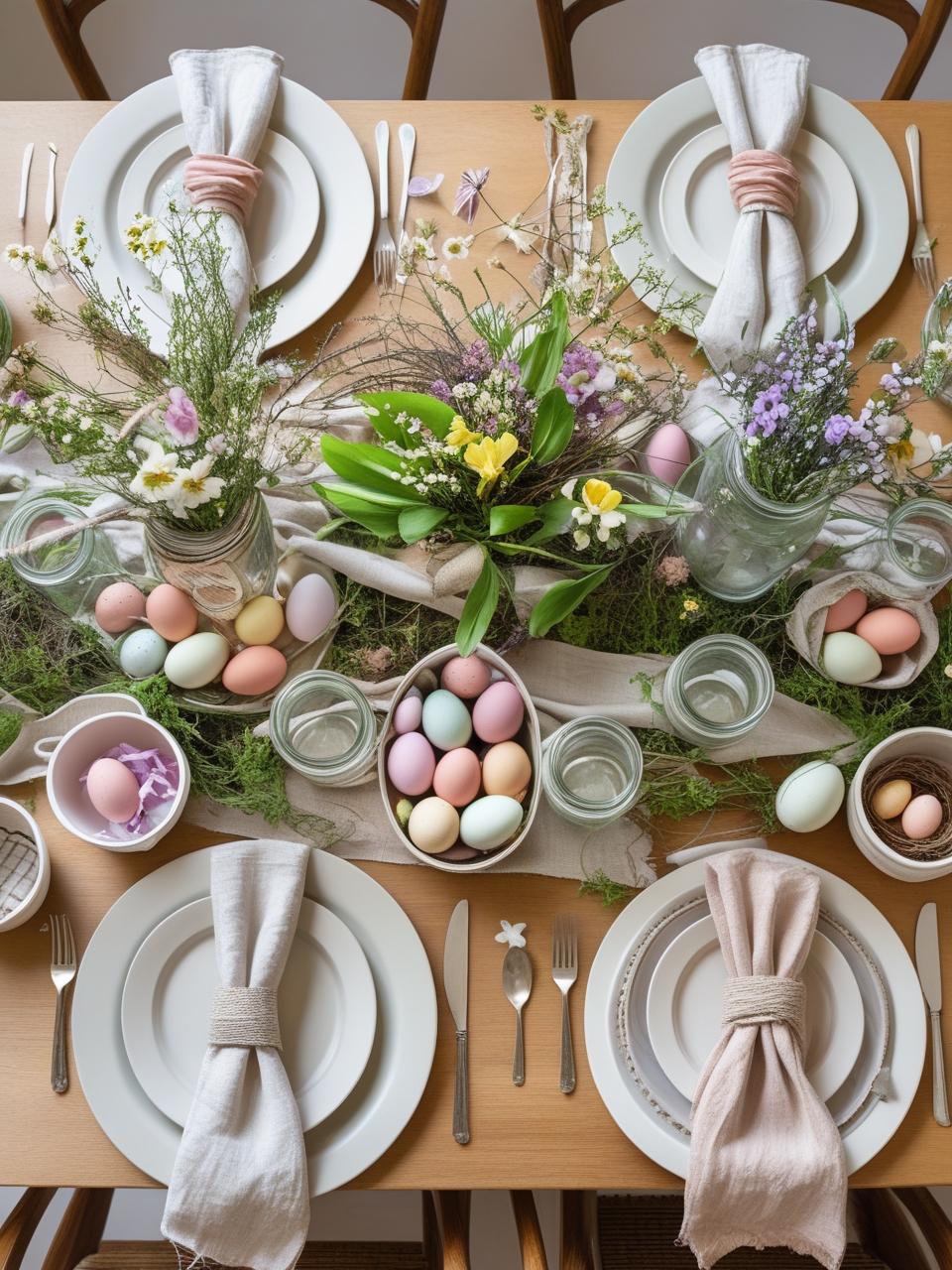 Eco-friendly Easter table decor with real plates, yard flowers in jars, natural egg dyes, and reused seasonal accents.