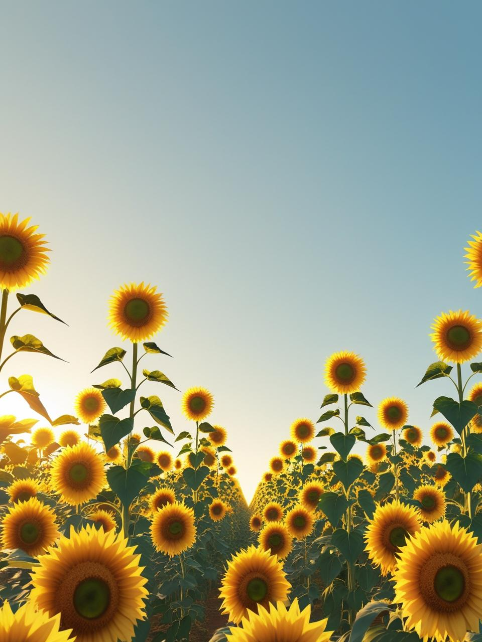 Endless sunflower field glowing in golden sunlight, captured for cheerful summer phone wallpapers.