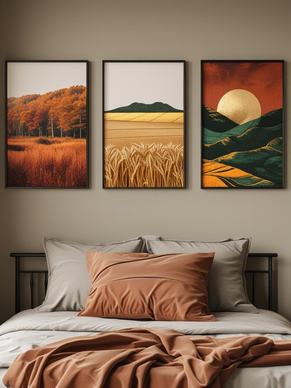 Fall bedroom wall art with earthy prints in a simple grid above the bed