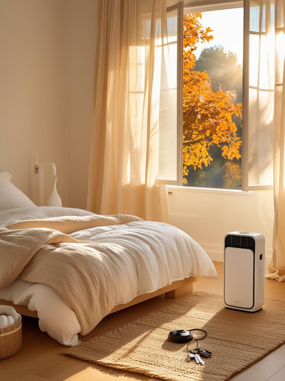 Fall bedroom with clean sheets, air purifier, open window, and simple allergy-friendly decor.