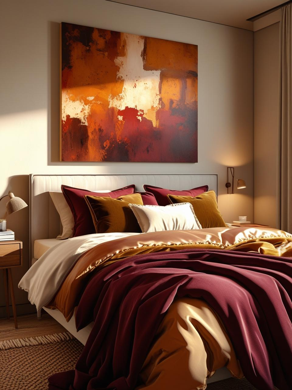 Fall bedroom with earthy wall art as a focal point above bed