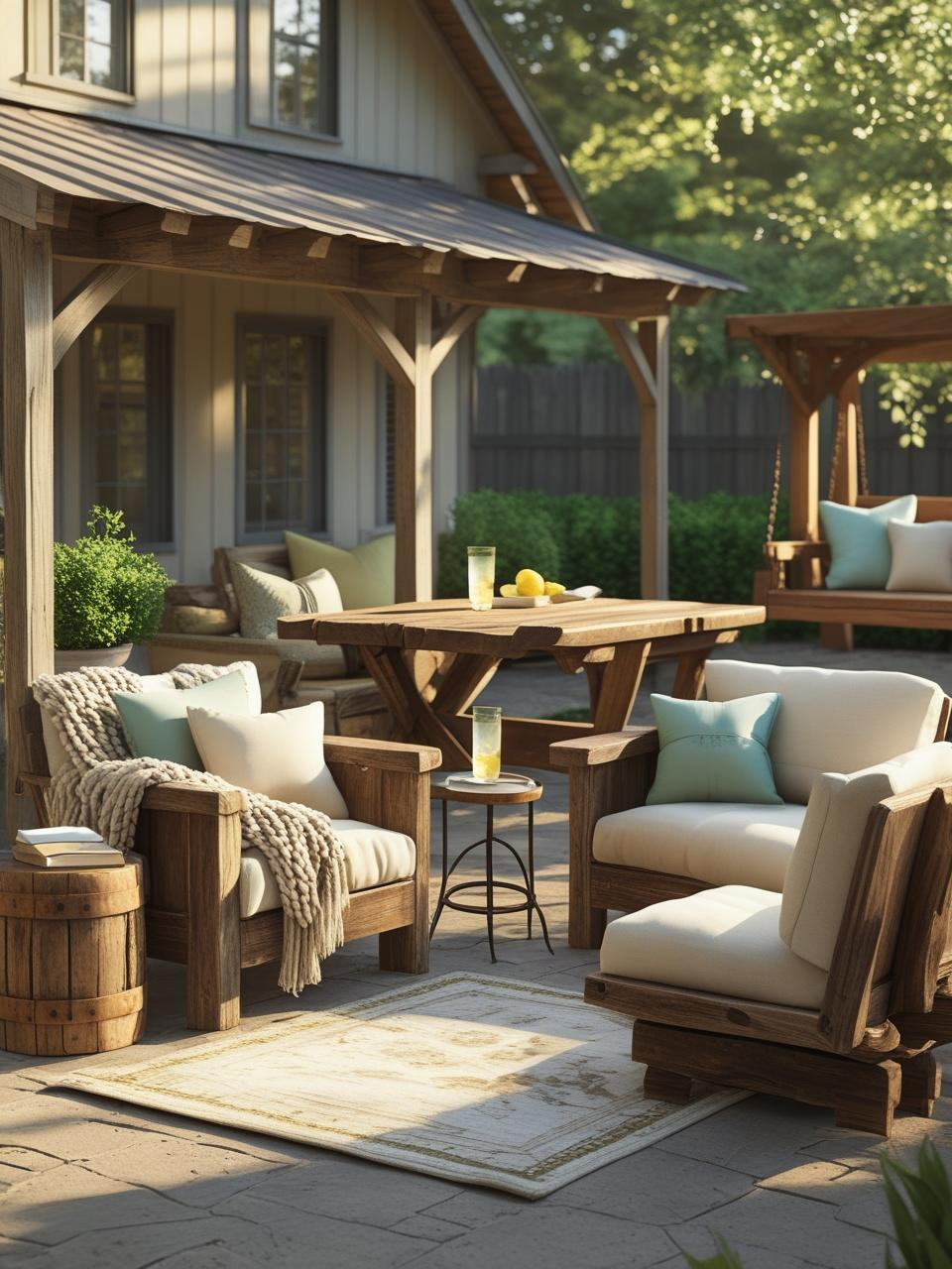 Farmhouse patio with wooden and metal furniture, soft-toned cushions, swing bench, and cozy seating arrangement.