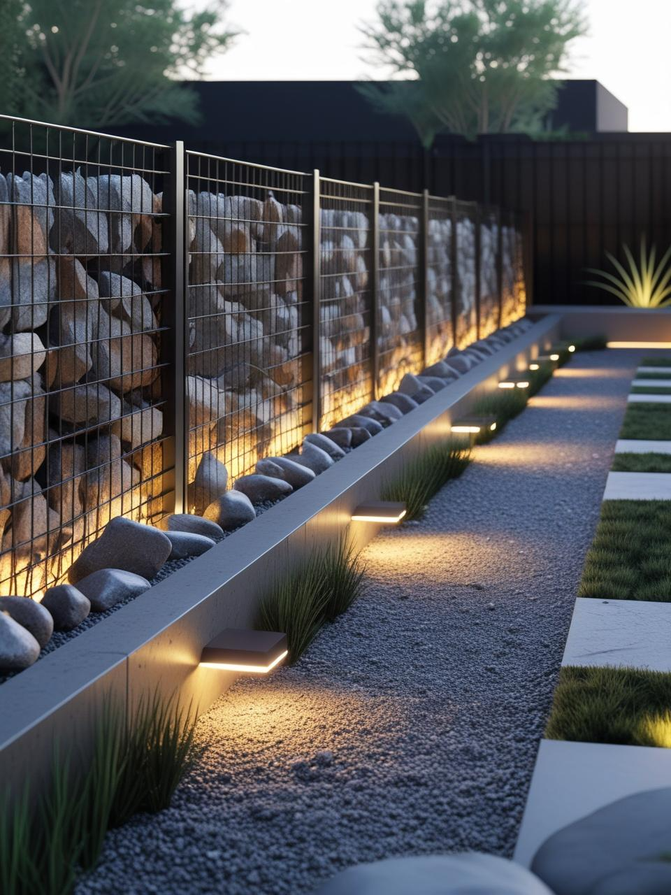 Gabion wall fence made of metal cages and stones in a backyard, featured in low maintenance backyard fencing ideas.