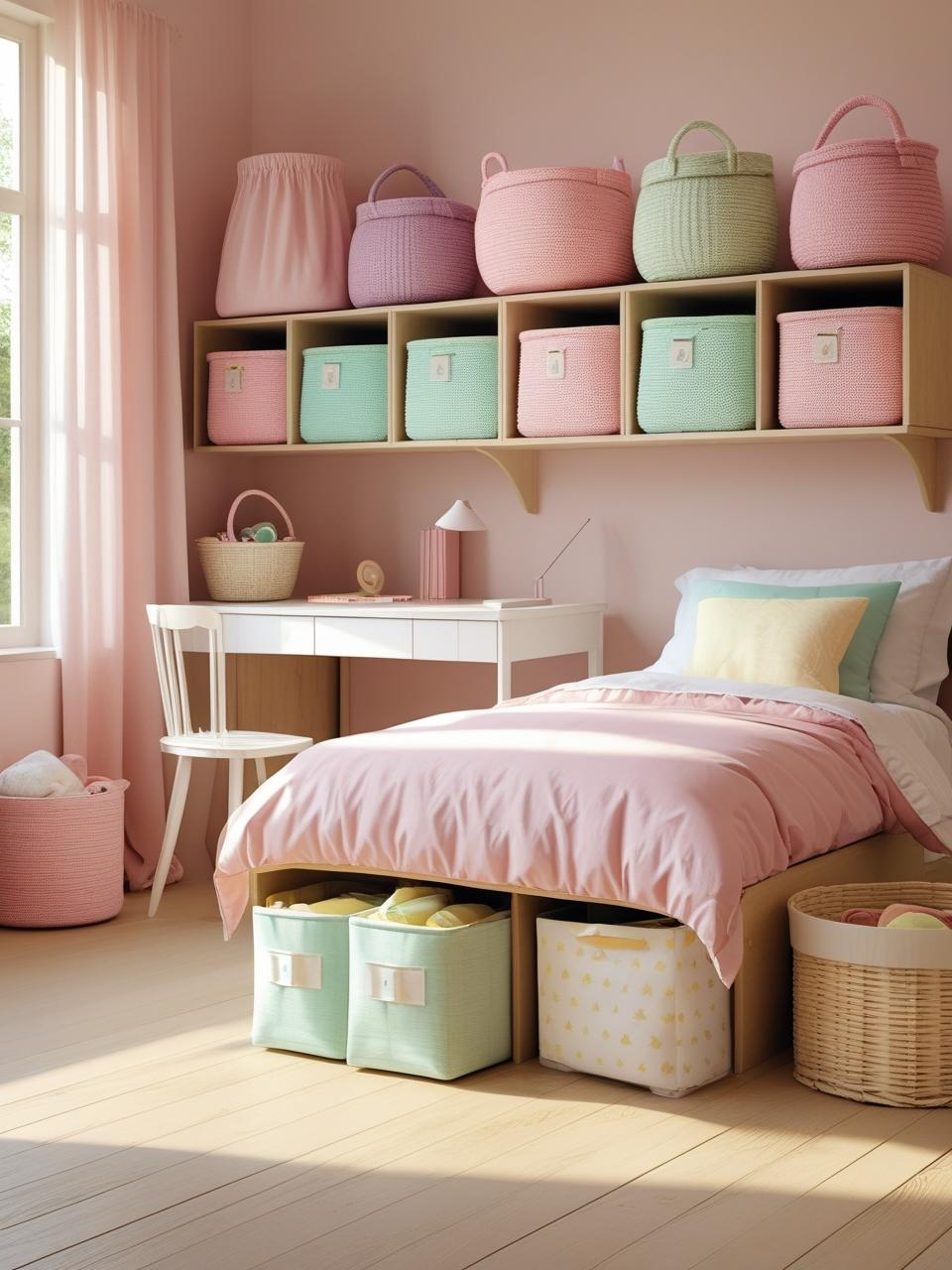 Girly bedroom aesthetic with pastel baskets, wooden boxes, and soft storage bins keeping the space neat and inviting.
