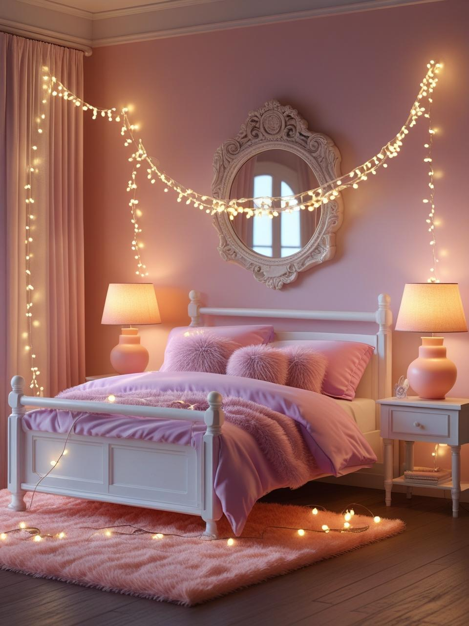 Girly bedroom aesthetic with warm white fairy lights around bed and mirror, creating a soft, magical glow.