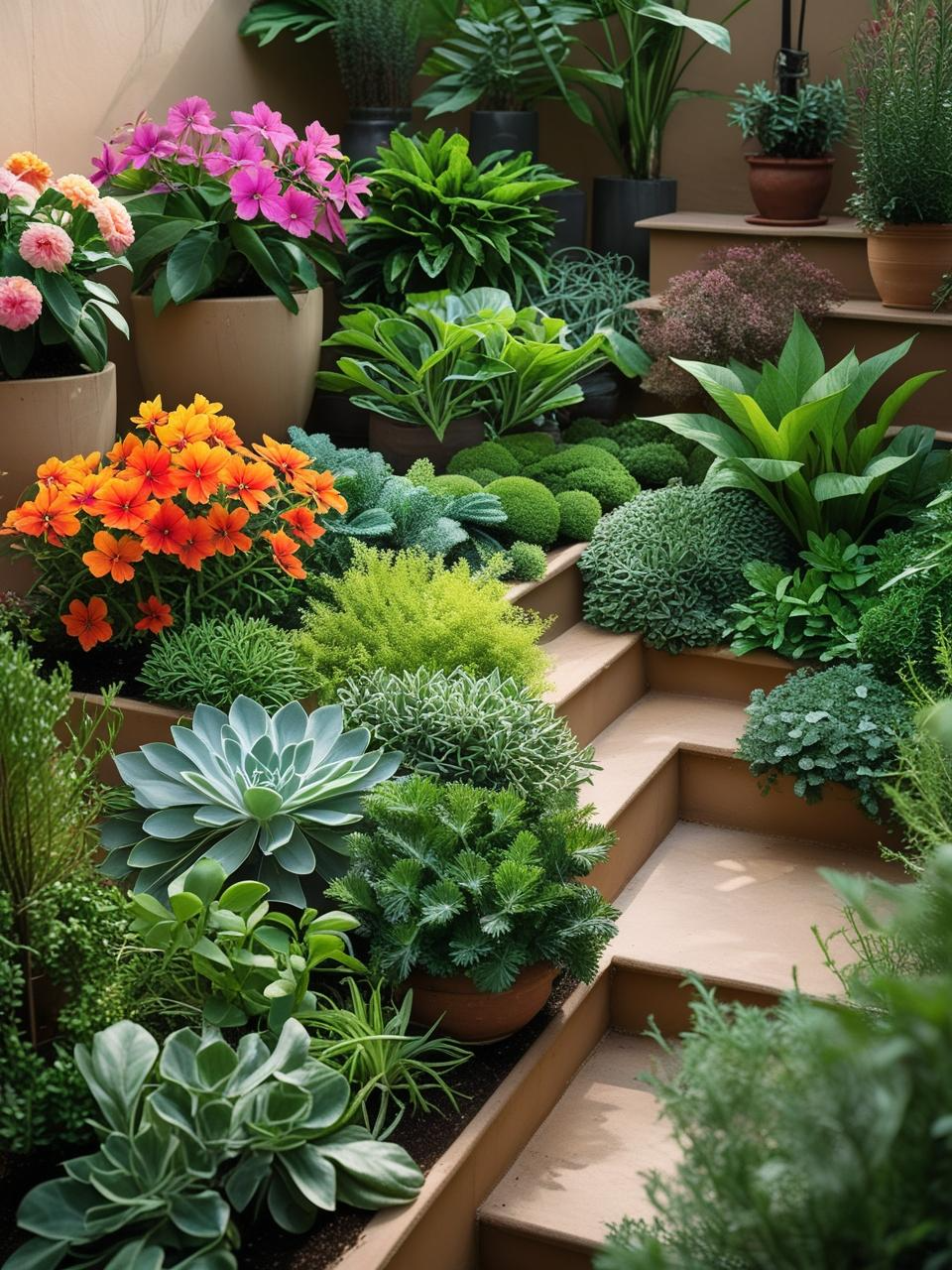 Grouped plants in a thriving terrace garden arranged by water and sunlight needs for easy care and healthier growth.