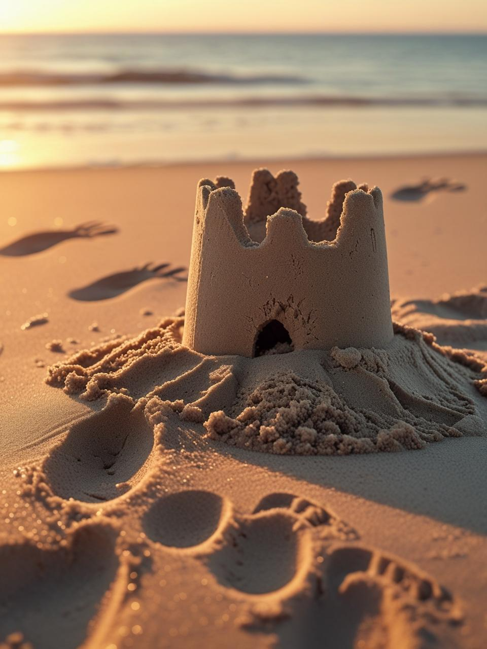 Half-collapsed sandcastle at golden hour on a quiet summer beach