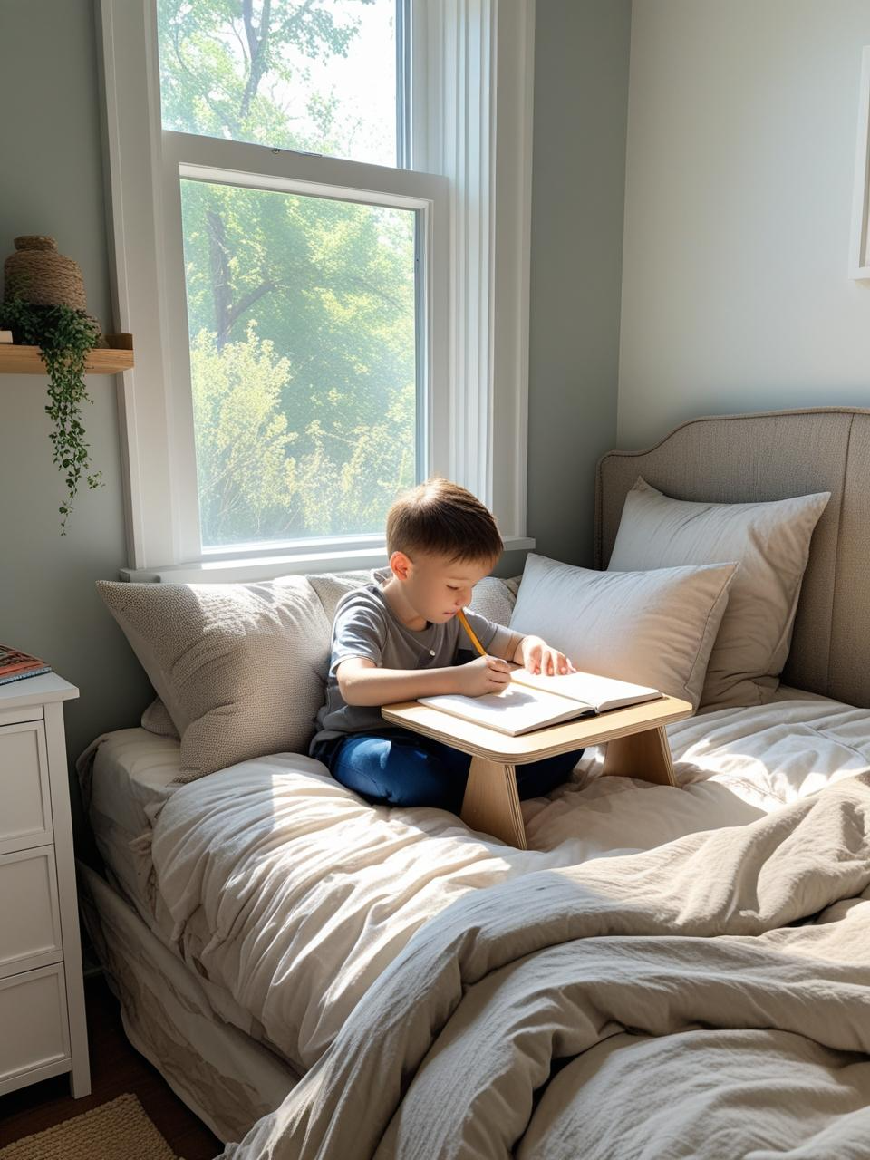 Homeschool setup for small spaces with a child using a lap desk in bed near the headboard for schoolwork.