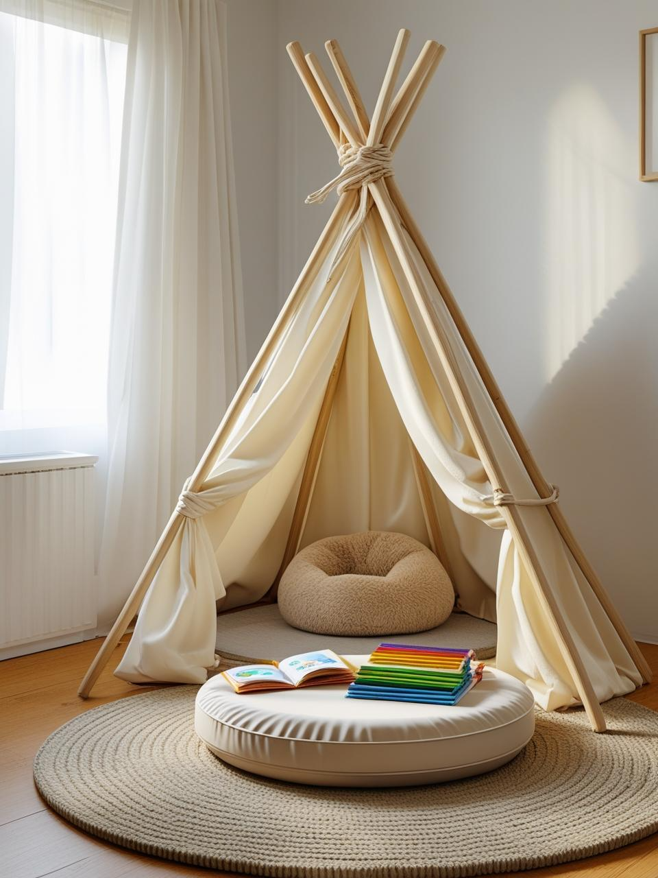 Homeschool setup in small spaces with a cozy tent-style learning corner featuring teepee, cushion, and tray table