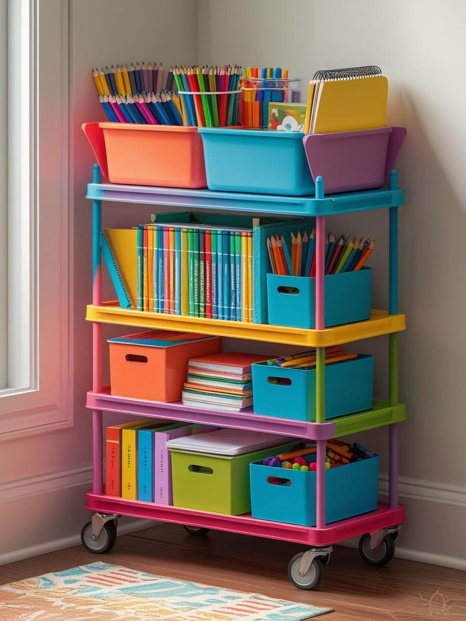 Homeschool setup in small spaces with a rolling cart learning hub holding school supplies, books, and art materials