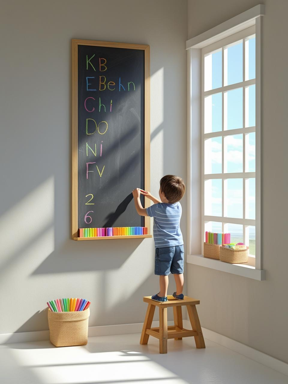 Homeschool setup in small spaces with a vertical chalkboard panel next to a window for standing learning activities