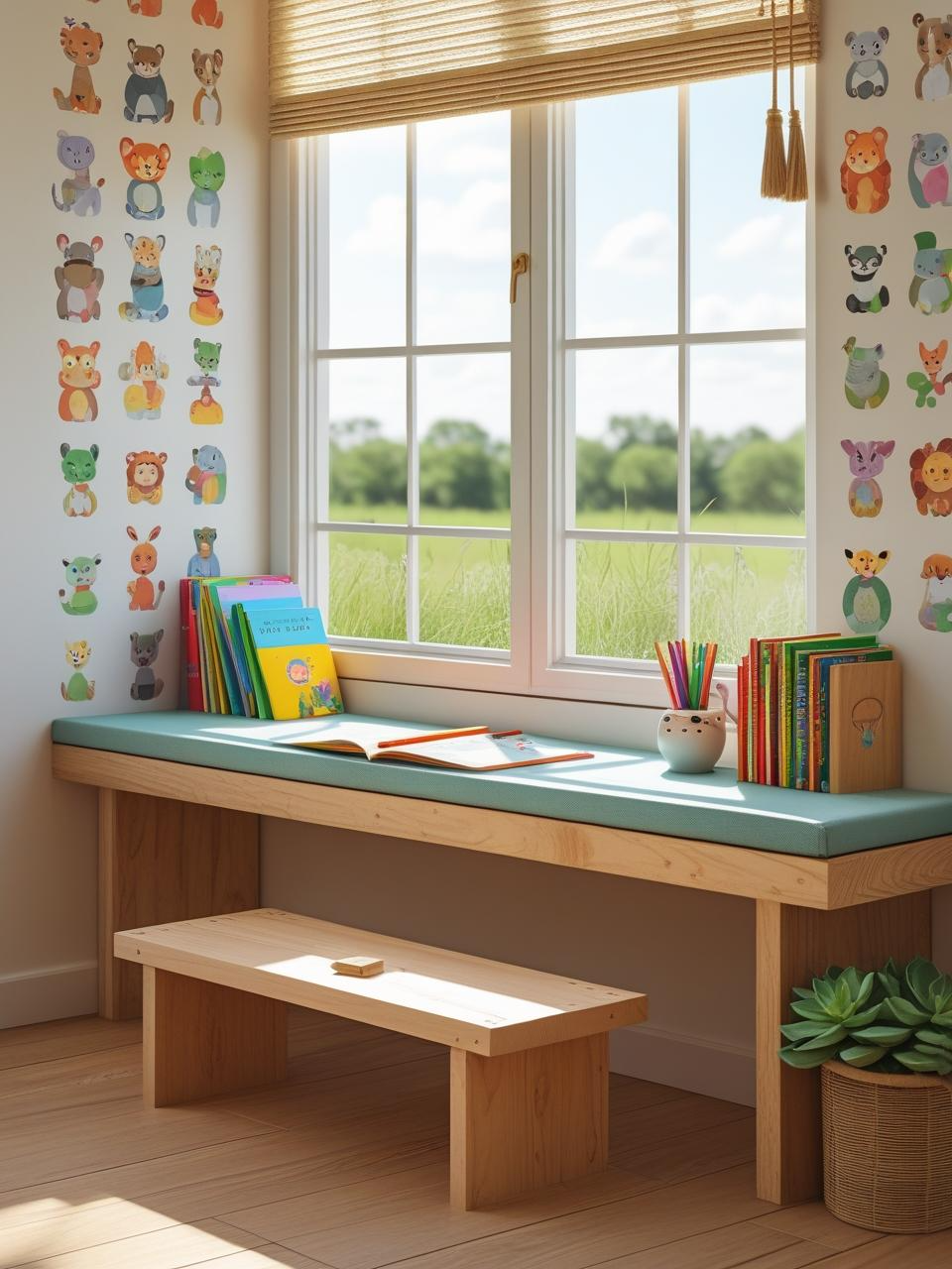 Homeschool setup in small spaces with a window seat workstation featuring desk, cushion, books, plants, and natural light.