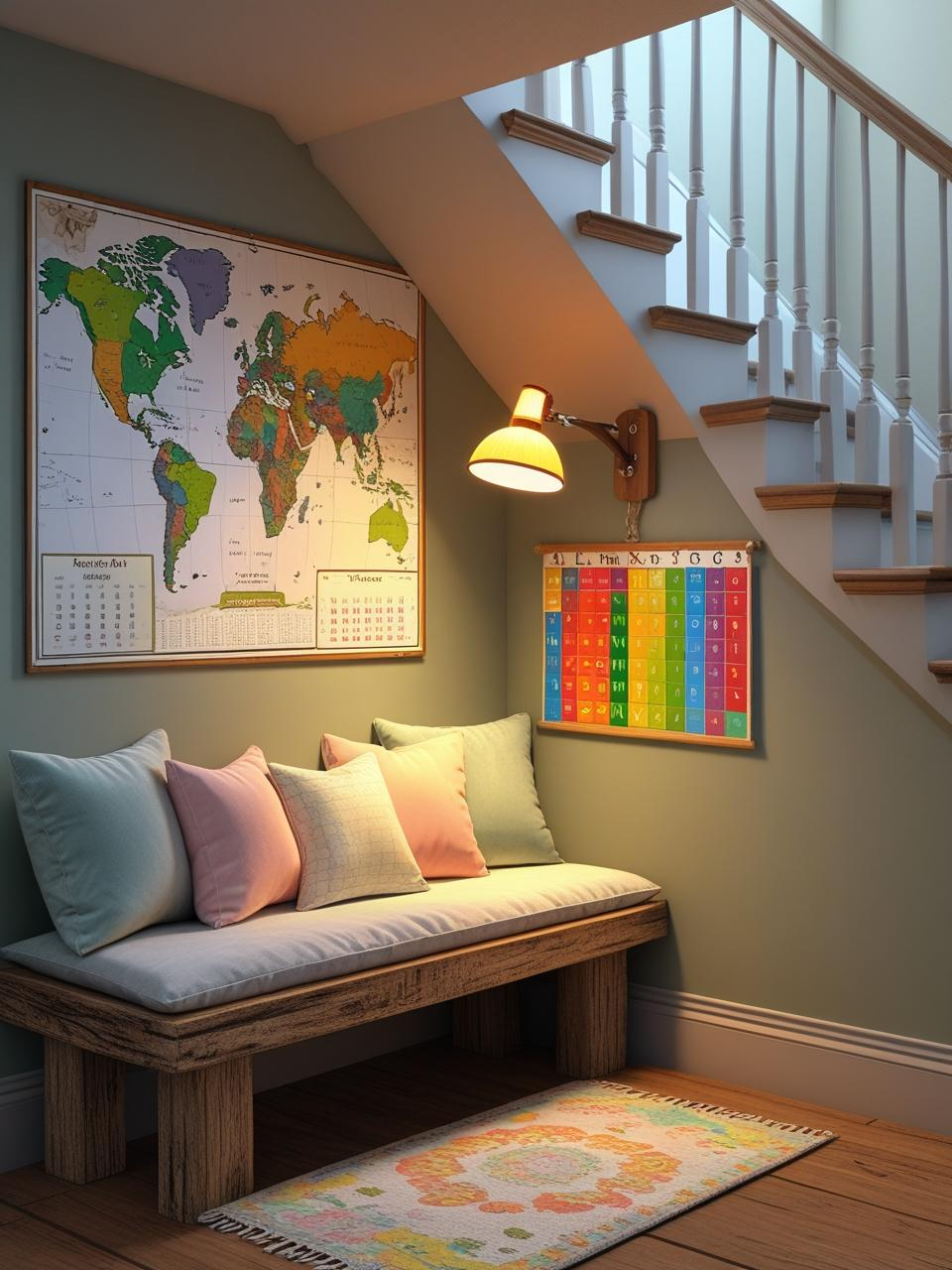 Homeschool setup in small spaces with a cozy under-stair learning corner featuring table, pillows, rug, map, and lamp