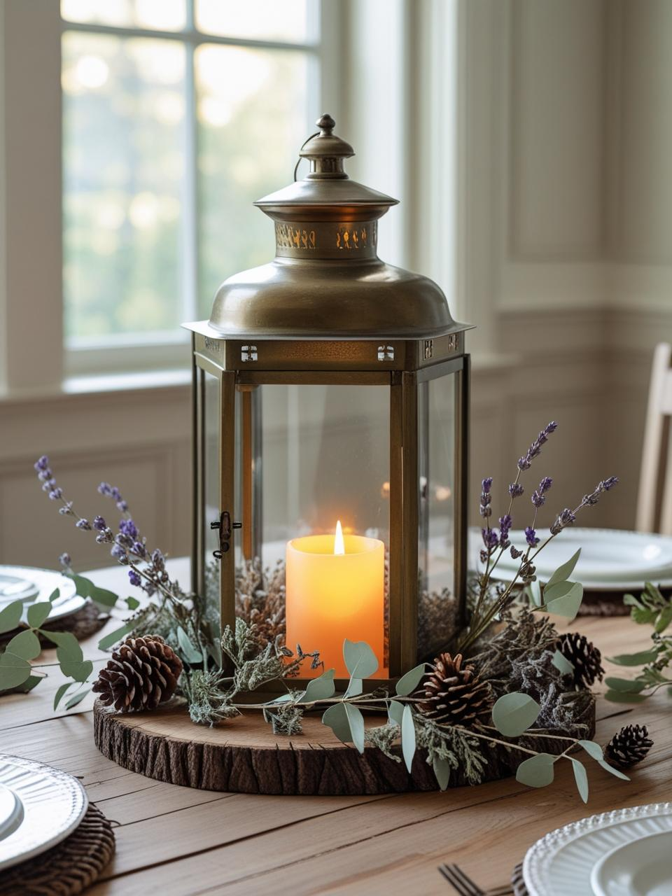 Lantern with a flameless candle and greenery centerpiece on a dining room table – Dining Room Table Centerpiece Ideas.