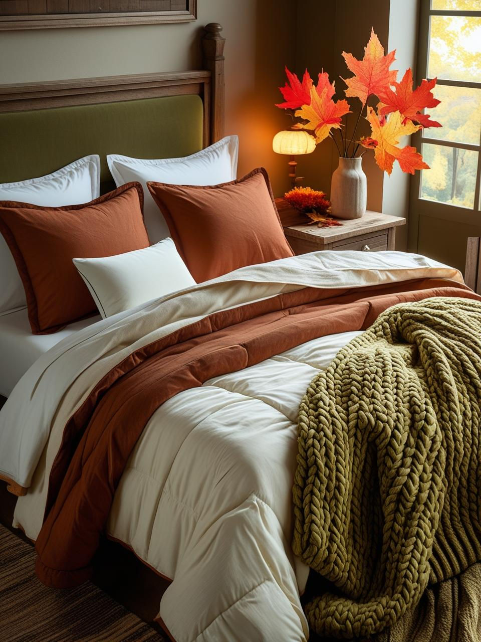 Layered bedding with quilt, duvet, and fall tones showcasing cozy autumn bedroom decor ideas.