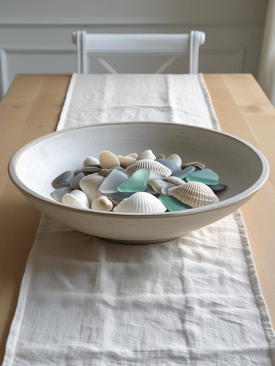 Layered textiles with a bowl of seashells centerpiece on a dining room table – Dining Room Table Centerpiece Ideas.