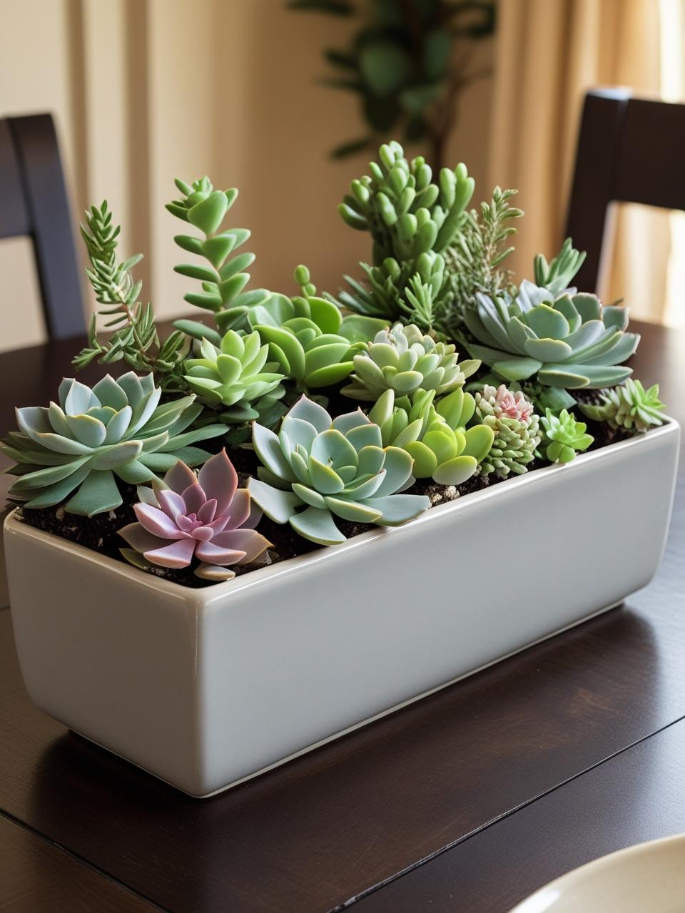 Low succulent garden in a rectangular planter centerpiece on a dining room table – Dining Room Table Centerpiece Ideas.
