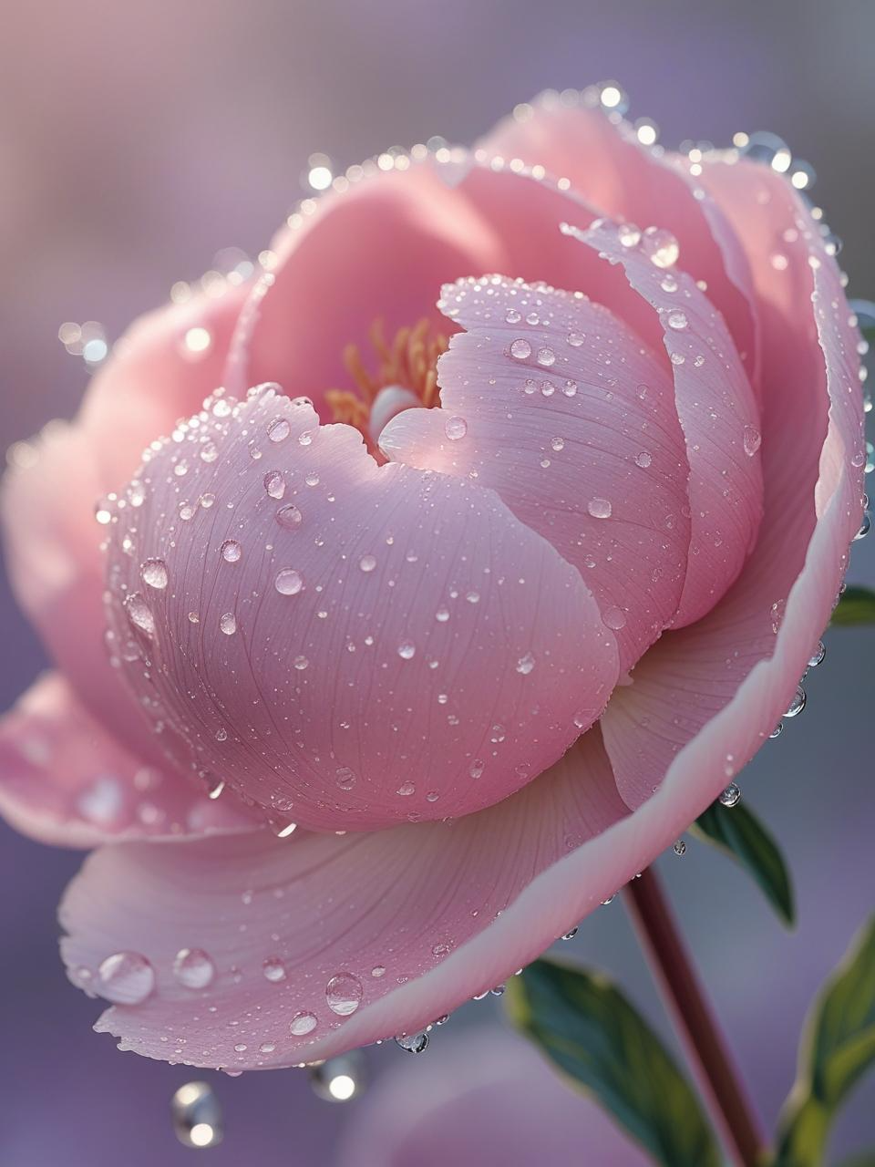 Macro wallpaper showing dewdrops on a pastel flower petal in soft spring lighting.