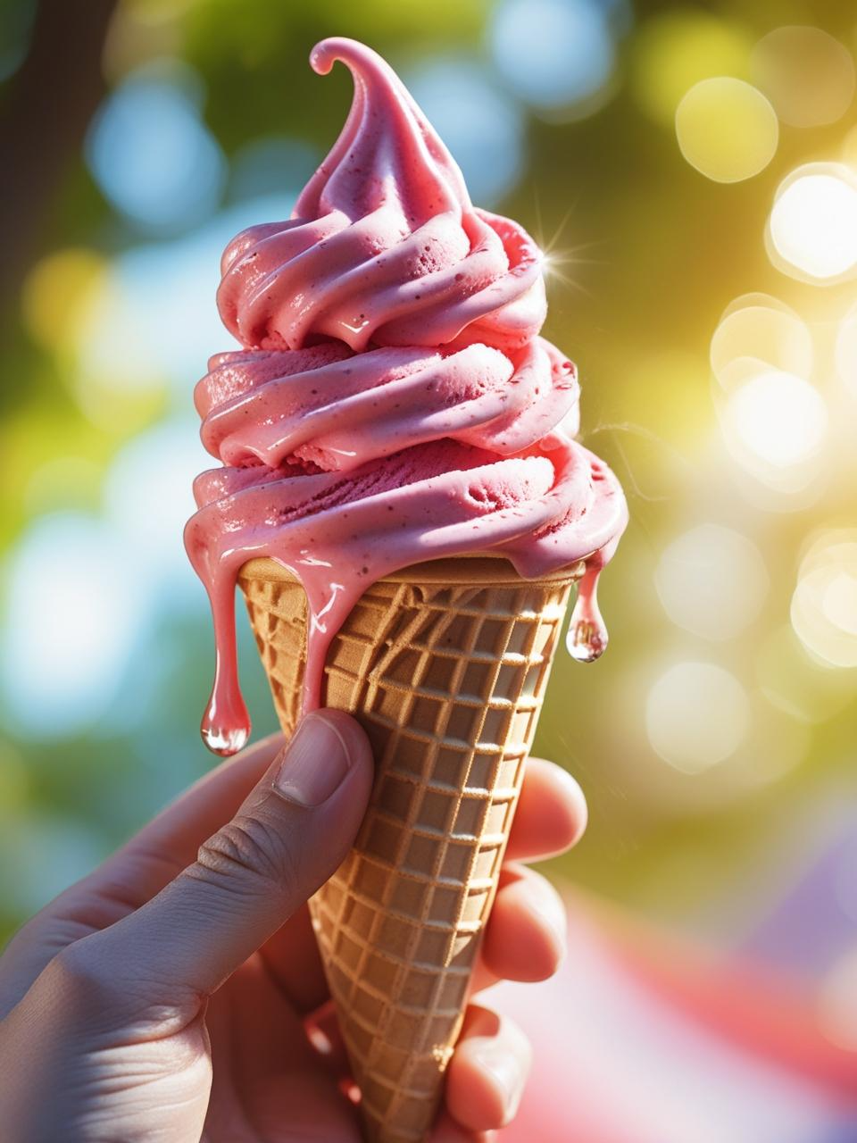 Melting ice cream cone held in a hand on a hot summer day with bright sunlight