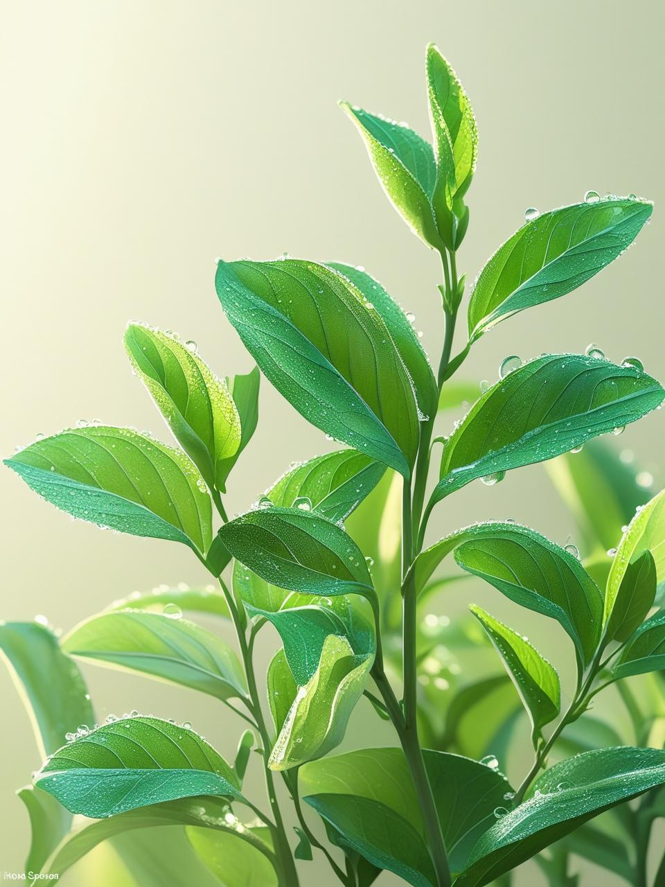 Minimal spring wallpaper with fresh green leaves on a soft neutral background.