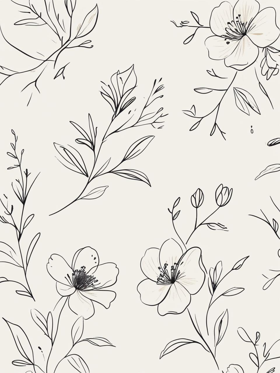 Minimalist hand-drawn floral sketch wallpaper with delicate lines on a soft background.