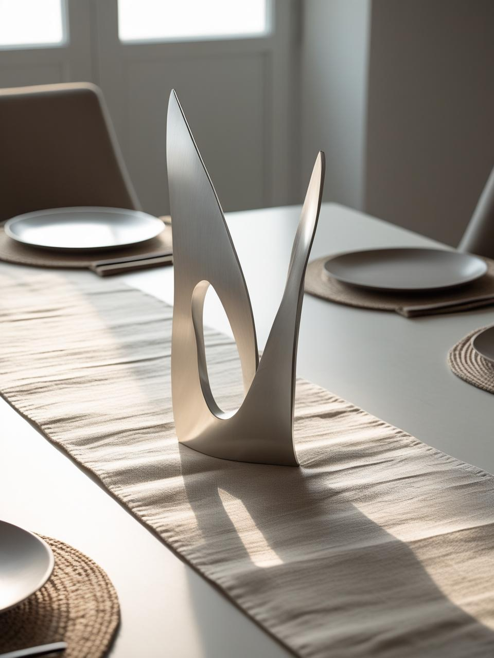 Minimalist metal sculpture centerpiece on a dining room table – Dining Room Table Centerpiece Ideas.
