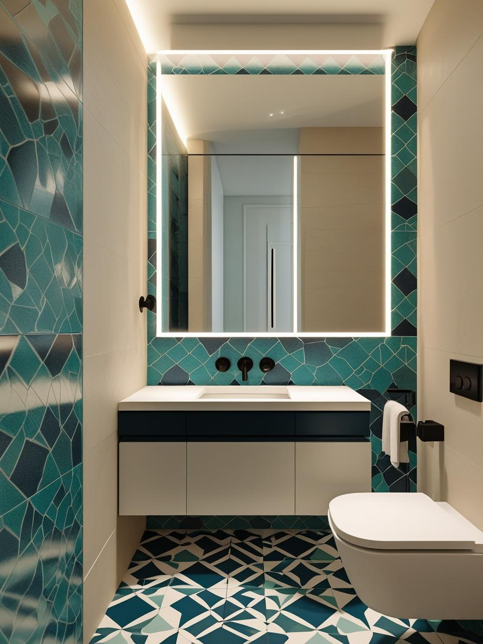 Modern statement powder room with bold geometric patterned tile flooring that creates instant visual interest